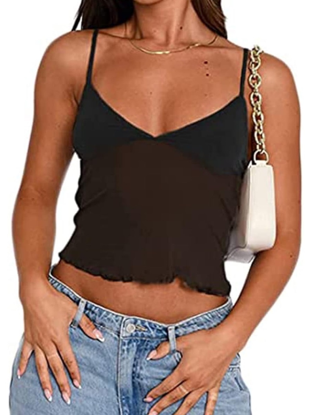 Amazon Black Spaghetti Strap Lettuce Hem Crop Tank Top